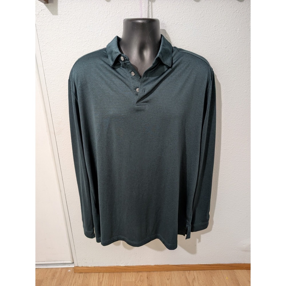 PGA TOUR Men's Long Sleeve Golf Polo Shirt‎ L Dark Green Striped Performance